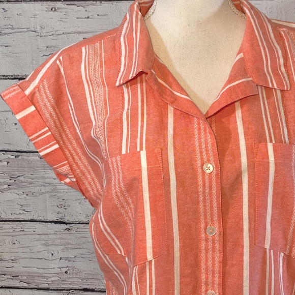HARPER HERITAGE Button Down Short Sleeve Shirt 100% Cotton Striped Coral/White-S - Picture 2 of 3